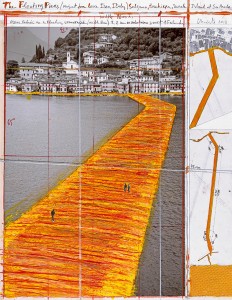 Christo The Floating Piers (Project for Lake Iseo, Italy) Collage 2014 22 x 17" (55.9 x 43.2 cm) Pencil, wax crayon, enamel paint, photograph by Wolfgang Volz, technical maps, fabric sample and tape Photo: André Grossmann © 2014 Christo
