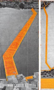 Christo The Floating Piers (Project for Lake Iseo, Italy) Drawing 2015 in two parts 96 x 42" and 96 x 15" (244 x 106.6 cm and 244 x 38 cm) Pencil, charcoal, pastel, wax crayon, enamel paint, cut-out photographs by Wolfgang Volz, hand-drawn map, fabric sample and tape Photo: André Grossmann © 2015 Christo