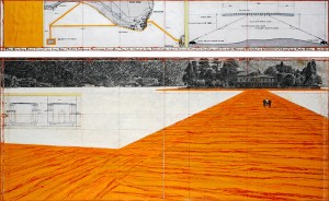 Christo The Floating Piers (Project for Lake Iseo, Italy) Drawing 2015 in two parts 15 x 96" and 42 x 96" (38 x 244 cm and 106.6 x 244 cm) Pencil, charcoal, pastel, wax crayon, enamel paint, cut-out photographs by Wolfgang Volz, hand-drawn technical data, map, fabric sample and tape Photo: André Grossmann © 2015 Christo